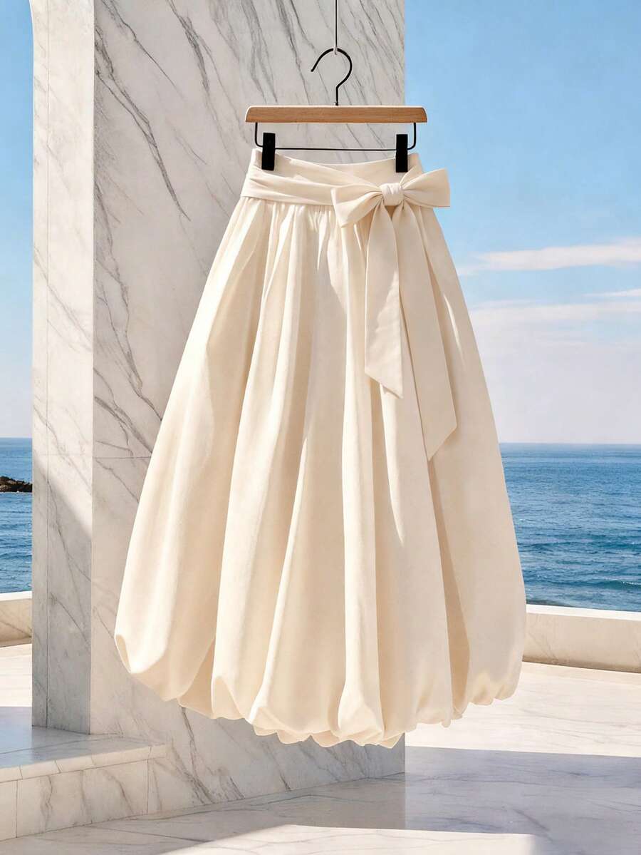 GlowEve High Waist Bowknot Tie Loose Long Floral Skirt, Flowy Fabric - Apricot - View 1