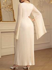 Amorya Women's Cream White Elegant V-Neck Chiffon Pleated A-Line Dress,Long Sleeve Waist Cinched Wedding Guest Bridesmaid Dresses For Autumn Dining Events - Light Yellow - View 2