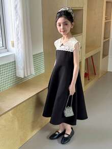 DAZY Tween Girl Summer Contrast Lace Sleeveless Party Dress - Black - View 2