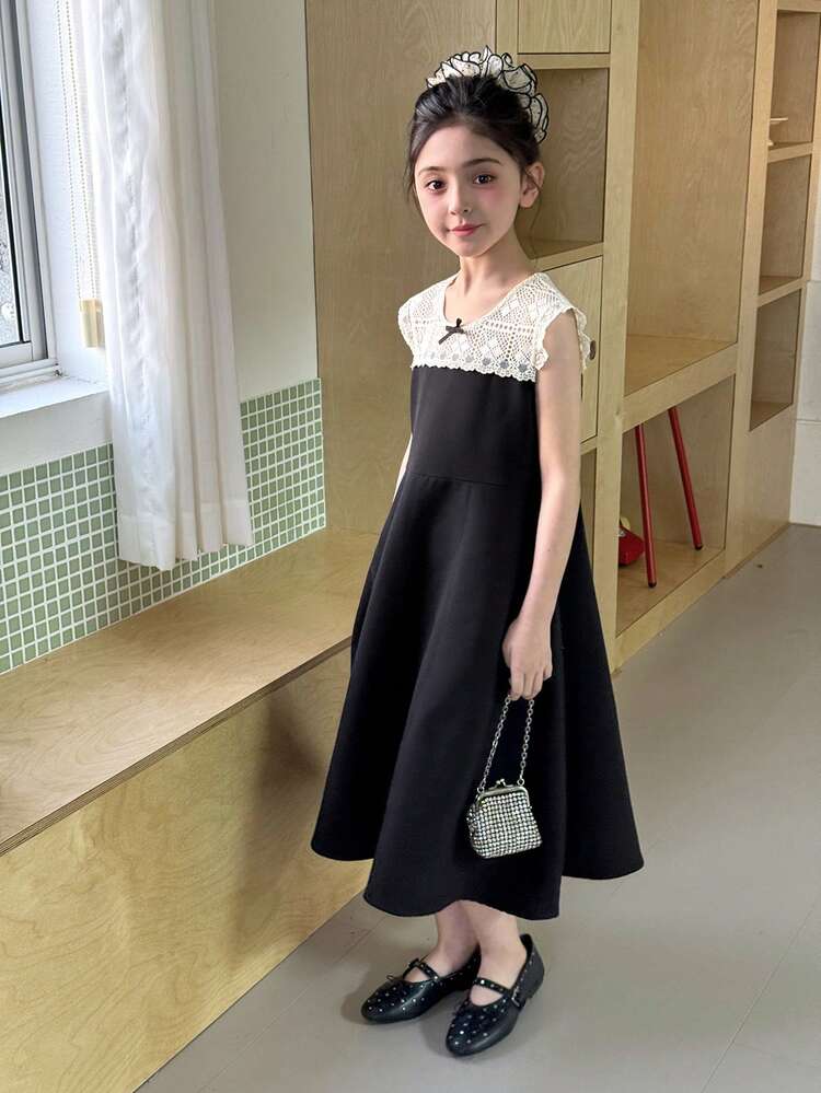 Tween Girl Summer Contrast Lace Sleeveless Party Dress