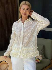 DAZY Blusa casual de vacaciones con mangas largas, plisada y con volantes en el bajo, de unicolor y estampado jacquard, para primavera/verano - Beis - Ver 4