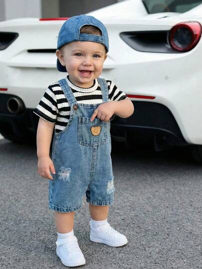 SHEIN 2pcs/Set Unisex Baby Clothes, Baby Boy Casual Cute Bear & Black White Striped T-Shirt And Blue Denim Bib Pants Set, Summer & Spring