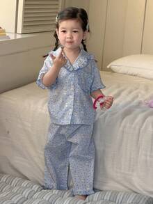 DAZY Bộ đồ ngủ 2 mảnh thoải mái kiểu Hàn Quốc cổ bẻ in hình hoạt hình cún con cho bé gái - Màu xanh nhạt - Xem 5