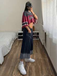 StreetHx Women's Versatile Casual Wide Leg Mid-Length Jeans - Dark Wash - View 6