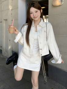 DAZY Women's Casual Solid Color Pocket Jacket And Denim Skirt 2-Piece Set, Spring/Autumn - Beige - View 4