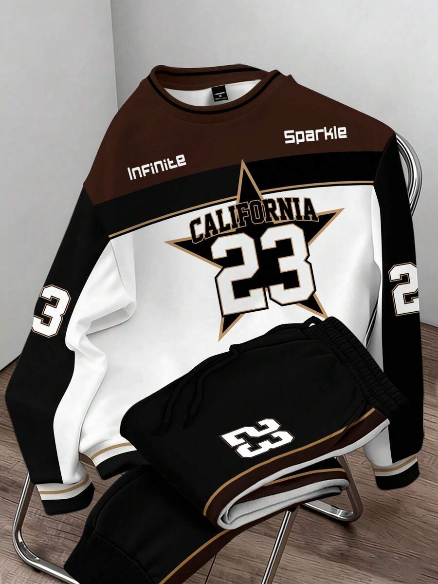 Manfinity Joysei Retro Color Block Pullover Sweatshirt Set, Unisex Loose Sporty Oversized Top + Jogger Pants - Multicolor - View 1