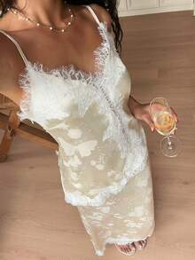 Sweetra Elegant French Style Jacquard Print Bright Yellow Camisole Paired With Graceful Lace Patchwork Midi Skirt, Women 2-Piece Set - Yellow - View 1