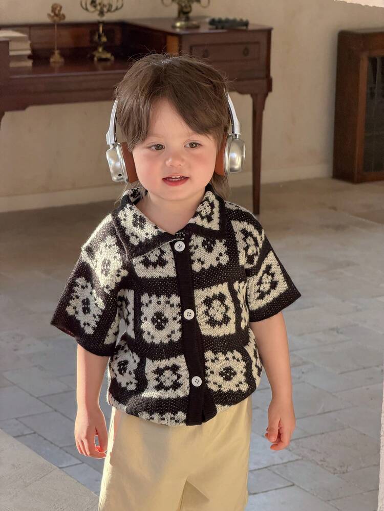 Baby Boys' Plaid & Floral Print Casual Polo Shirt, Summer Spring