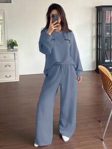 DAZY 2 st damer pyjamasset med bokstavstryck och dekoration, lös passform, tröja, höst/vinter - Blå - Visa 3