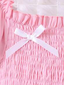 SHEIN 少女纯色泡泡袖蝴蝶结休闲夏日连衣裙 - 粉色 - 查看 7