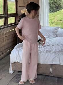 DAZY Tween Girl Striped Print Crew Neck Short Sleeve Top And Pants Pajama Set - Purple - View 4