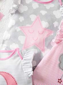 SHEIN Newborn Baby Girl Cute Summer Knitted Cartoon Pattern Plaid & Striped Short Sleeve Romper, Multi-Color - Multicolor - View 10