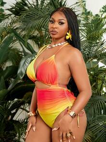 Slaydiva 2026新款加大码露背吊带渐变日落色深V侧边抽绳连体泳衣，适合海滩、度假村、水疗中心。橙色系彩色泳衣，沙滩装，连体泳衣，多色黄色吊带镂空连体泳衣，亮色连体泳衣，女士泳装，彩色泳衣，渐变色泳衣。 - 橘色 - 查看 3