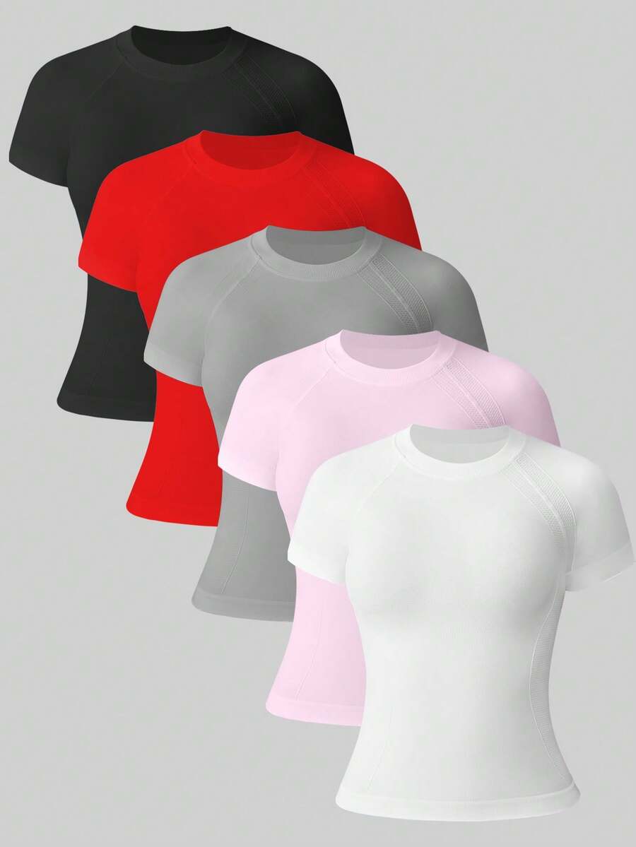 Easithlete 2 Pcs Leisure Solid Raglan Sleeve Sports Tee Tight Fitted Tops Women Gym Shirts Compression Shirt Women - Multicolor - View 1