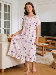 Vestido de cárdigan con cuello de solapa, estampado de corazones y lazos de crepé burbujeado con puños con volantes para niñas, ropa de dormir ligera y cómoda, primavera/verano - Multicolor - Ver 3