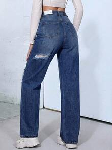 Pantalón femenino casual tipo jeans  de tiro alto con rotos y efecto lavado ajuste regular sin cuello sin mangas primavera verano uso diario pantalón - Azul 2 - Ver 3