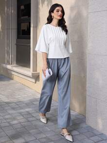 Mulvari Women's French Minimalist White Striped Crew Neck Loose Fit Batwing Sleeve Top - White - View 6