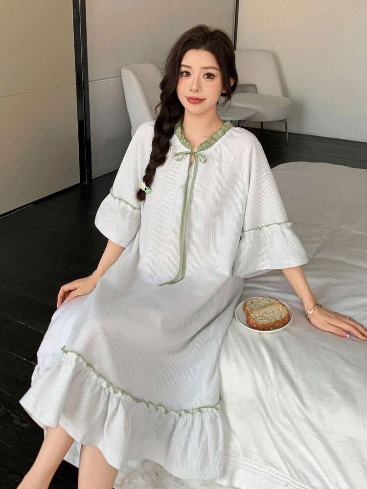 Cute Striped Contrast Color Tie Ruffle Hem Women Nightgown