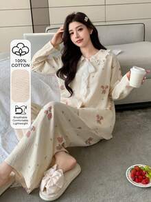 DAZY 可爱小熊蝴蝶结印花蕾丝边彼得潘领女士睡衣套装 - 杏色 - 查看 1