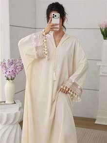 SHEIN Najma 女士连帽蕾丝缎带蝙蝠袖流苏连衣裙 - 杏色 - 查看 5