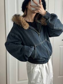 FRIFUL Áo khoác denim nữ kiểu retro thường ngày có mũ trùm đầu và cổ lông giả - Màu xanh lam - Xem 7