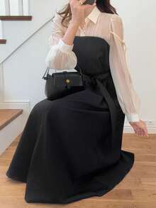 FRIFUL 女士混纺面料网纱雪纺A字连衣裙，泡泡袖，蝴蝶结腰带，夏季休闲派对连衣裙，情人节派对 - 黑色 - 查看 1