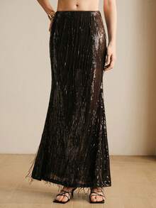 Arave 亮片流苏银色鱼尾个性派对半身裙，适合女士晚礼服、伴娘礼服、正式晚宴礼服，春夏款 - 巧克力棕 - 查看 6