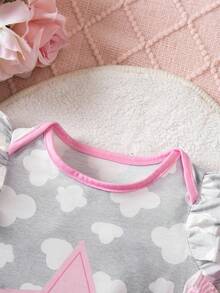 SHEIN Newborn Baby Girl Cute Summer Knitted Cartoon Pattern Plaid & Striped Short Sleeve Romper, Multi-Color - Multicolor - View 3