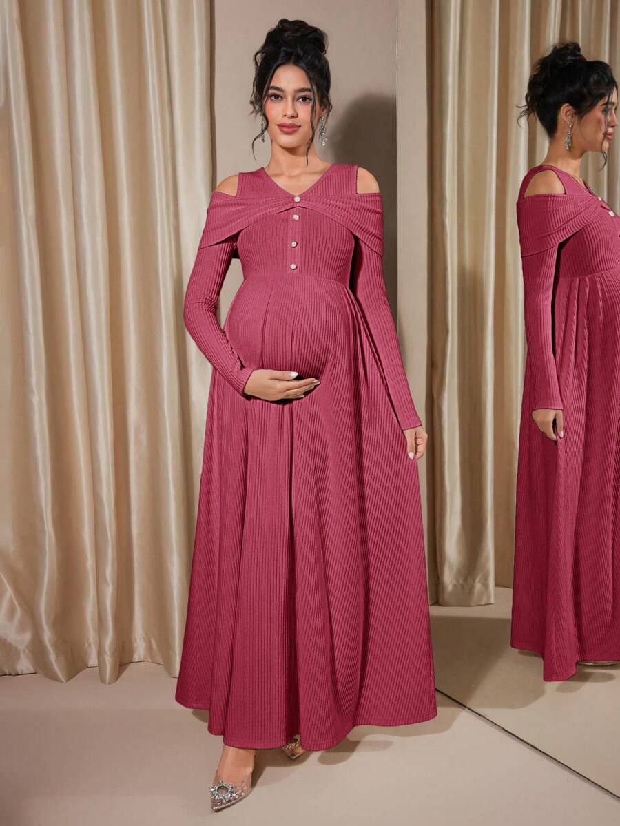 Momance Exposed Shoulder Long Sleeve Button Decor Ribbed A-Line Midi Dress, Spring/Autumn - Hot Pink - View 1