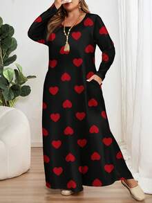 EMERY ROSE Đầm dài tay cổ tròn cỡ lớn in hình trái tim đỏ cổ điển, thích hợp cho ngày Valentine. - Nhiều màu - Xem 3
