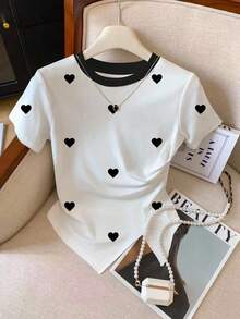 Resyla 女士新款爱心印花撞色领修身不对称下摆T恤，春夏款 - 彩色 - 查看 1