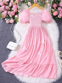 SHEIN 少女纯色泡泡袖蝴蝶结休闲夏日连衣裙 - 粉色 - 查看 3