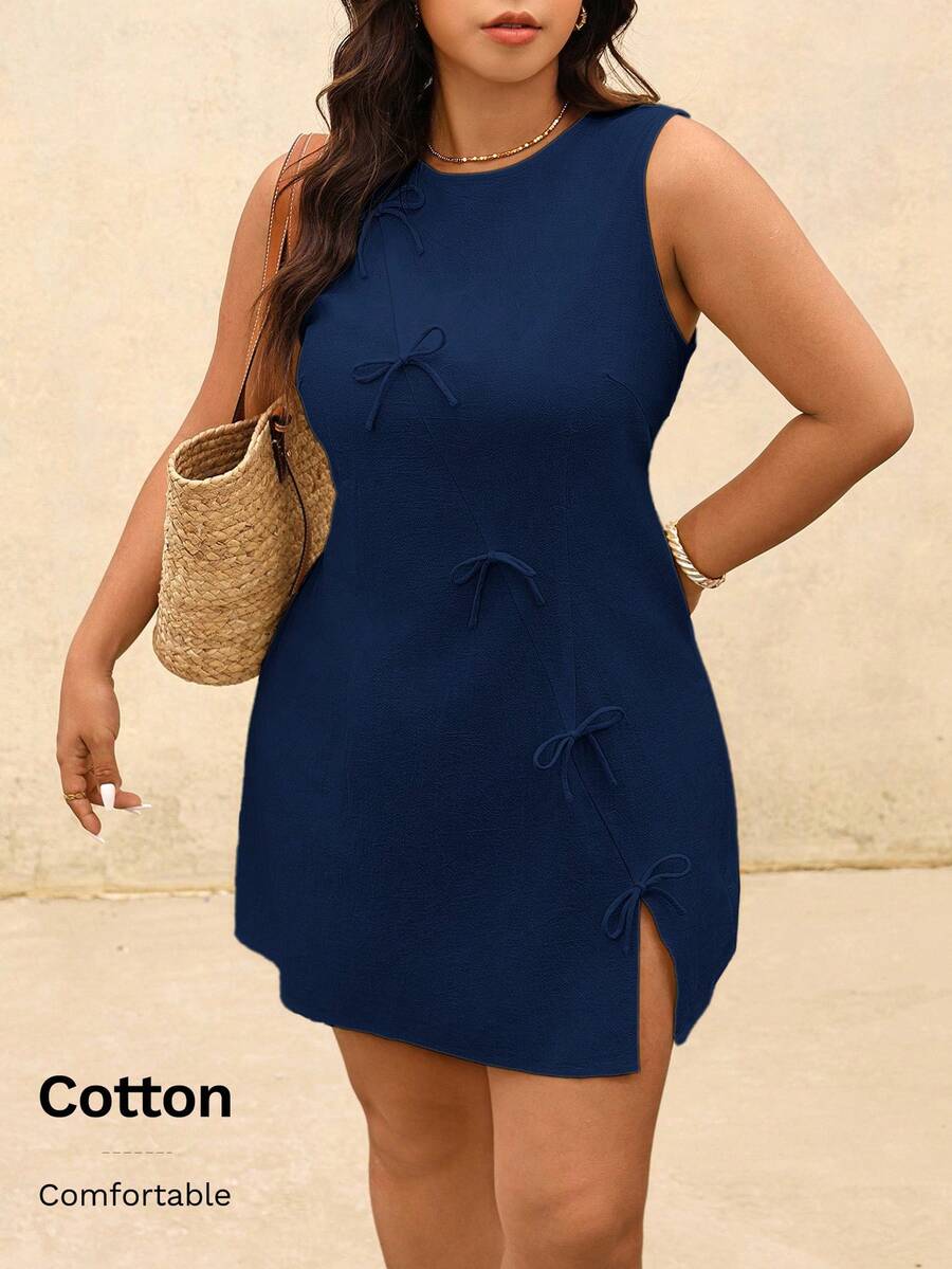 Elaquor Vestido de talla grande de unicolor con cuello redondo, ajustado y con abertura en el bajo sin mangas - Azul - Ver 1