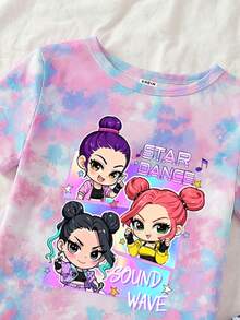 SHEIN 2pcs/Set Baby Girl Fashionable & K-POP Girl Group Letter Print Snug Fit Pajamas Set Tie-Dye Crew Neck Top And Cartoon Girl With Stars Print Leggings Knit Casual Homewear Set Suitable For Summer - Multicolor - View 4