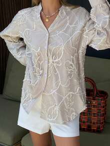 DAZY Women's Textured Fabric Loose V-Neck Long Sleeve Elegant Formal Blouse, Spring/Summer - Khaki - View 5