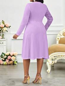 SHEIN Lady Vestido midi elegante de encaje con parches de unicolor morado para mujer de talla grande, vestido de Pascua, vestido de graduación, vestido de invitada de boda, vestido bohemio de vacaciones y crucero para mujer, vestidos formales para mujer en otoño, ropa de mujer de vuelta al colegio, vestido de verano, vestido de primavera, vestidos casuales - Morado - Ver 2