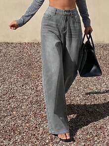 Livesso Women's Casual High Waist Loose Fit Wide Leg Washed Denim Jeans, Versatile For Daily Commute - Grey - View 6