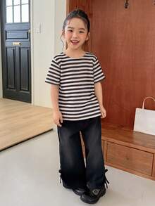 DAZY Young Girls Solid Color Casual Bow Tie Short Sleeve Korean Style T-Shirt, Summer - Coffee Brown - View 5