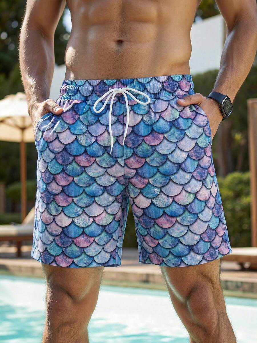 Manfinity Swimmode Men's Drawstring Waist Pocket Fish Scale Print Casual Beach Shorts - Blue - View 1
