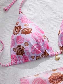 Swim Mod Conjunto de bikini de 3 piezas con estampado de rayas de concha aleatoria, triángulo halter, con cobertor de sarong de malla triangular, adecuado para vacaciones en la playa - Multicolor - Ver 4