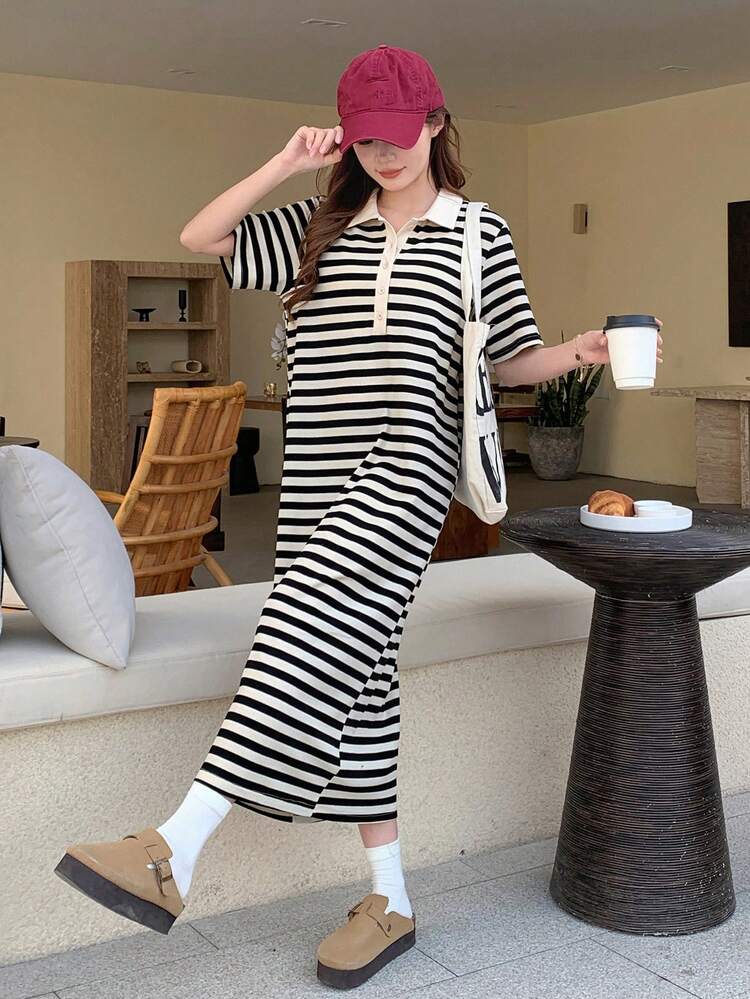 Women's Collared Striped Korean Style Mid-Length Dress