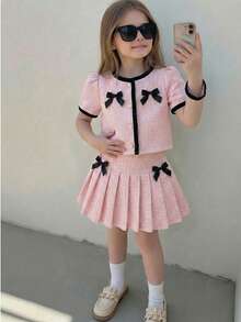 Toddler Young Girls Light Pink Autumn 2 Pieces Set,Colorful Bow Decor Long Sleeve Knit Top & Pleated Skirt,Elegant Casual Comfortable Preppy Outfit - Pink - View 4