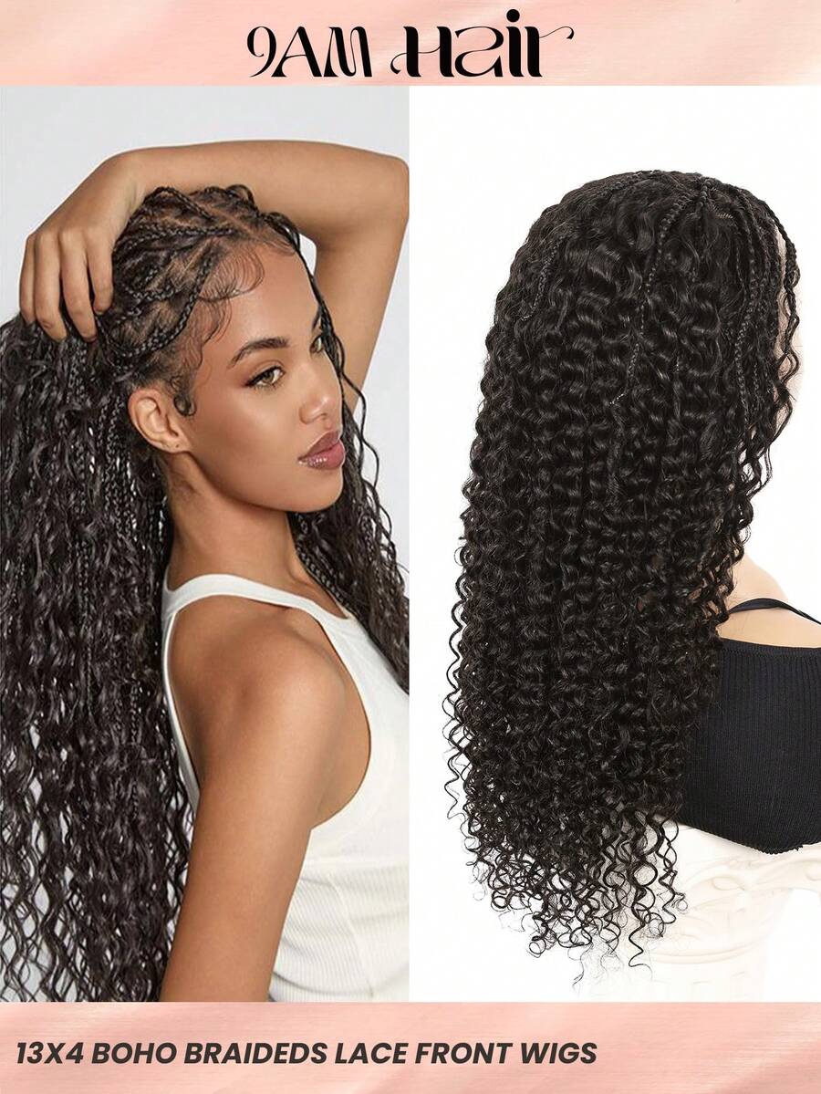 Boho Braided Water Wave Human Hair 180% Density 13x4 Bohemian Curly Ends Boho Braids Wig 18-30Inch Human Hair Wigs Curly Wave Pre Plucked Transparent Lace Natural Black Wigs - Natural Black - View 1
