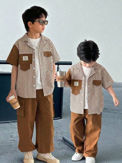 2pcs/Set Young Boys' Comfortable Daily Casual Loose Fit Korean Style Fashionable Striped Long Sleeve Shirt And Pants Set, Suitable For Spring, Summer, Autumn, Winter, Daily Wear, Sports, Outings, School, Parties, Festivals, Photoshoots, Back To School Season