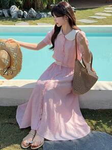 DAZY 2件套女士简约风荷叶边领连衣裙套装，韩版时尚，青春靓丽，显瘦优雅长裙 - 粉色 - 查看 7