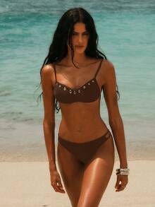 Swim Basics Women's Solid Color Spaghetti Strap Halter Fashionable Bikini Set - Brown - View 5
