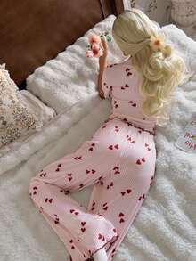 CottageSlumber 2 pièces Ensemble de pyjama court à manches courtes pour femmes avec motif romantique en dentelle, texture tricotée et rayures en forme de cœur - Multicolore - Voir 2