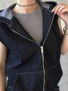 FRIFUL Women's Casual Fashion Street Style Sleeveless Zip-Up Hooded Jacket And Denim Jeans Set, Suitable For Spring, Summer, Autumn - Blue - View 6
