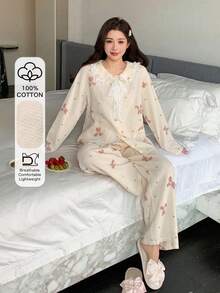 DAZY 可爱小熊蝴蝶结印花蕾丝边彼得潘领女士睡衣套装 - 杏色 - 查看 4