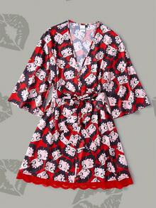 Betty Boop x SHEIN Women's Cartoon Figure Graphic Belted Comfortable Robe - Red - View 1